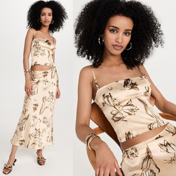 Reformation Overland Top & Layla Skirt Umber Floral Cream Silk 2pc Set Size 0/2 - Picture 1 of 15